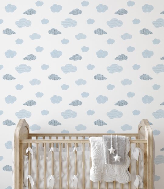 crib nursery baby blue clouds wallpaper