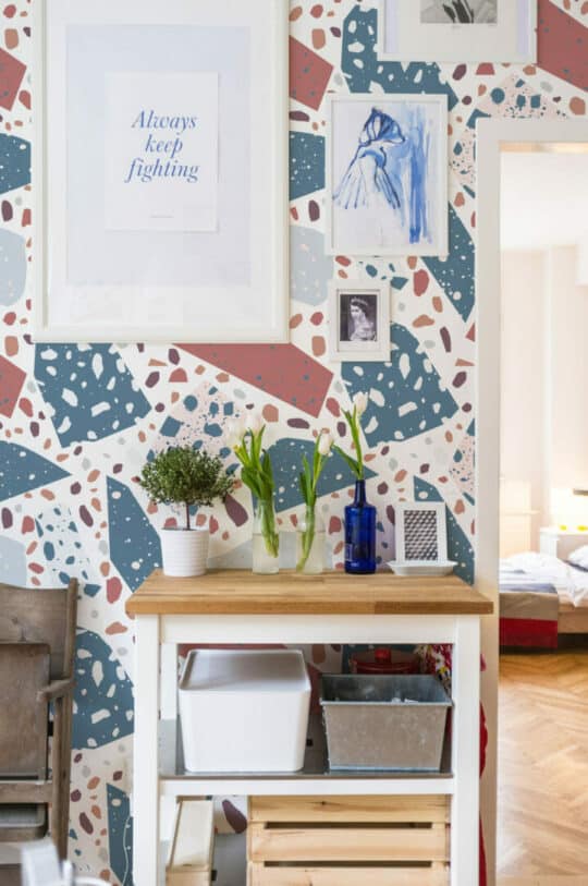 Red and blue terrazzo stick on wallpaper