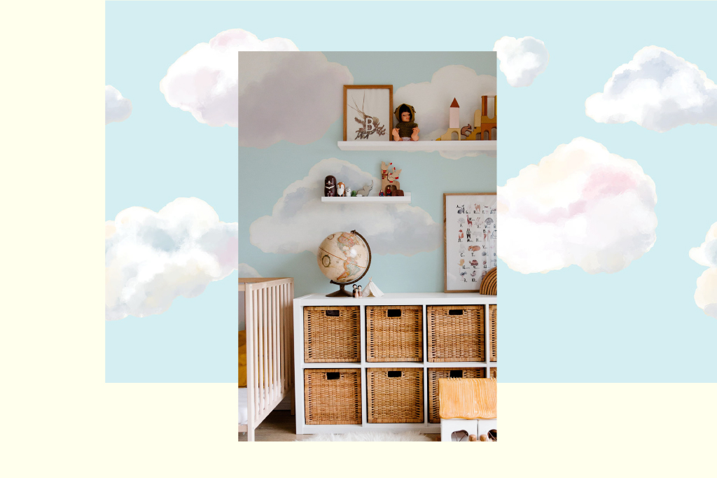 Nursery decorated with Fancy Walls Decor nursery wallpaper mural with sunny clouds on a blue background