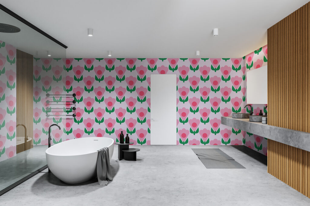 Pink bold flowers illustration on wallpaper installed on bathroom as feature wall