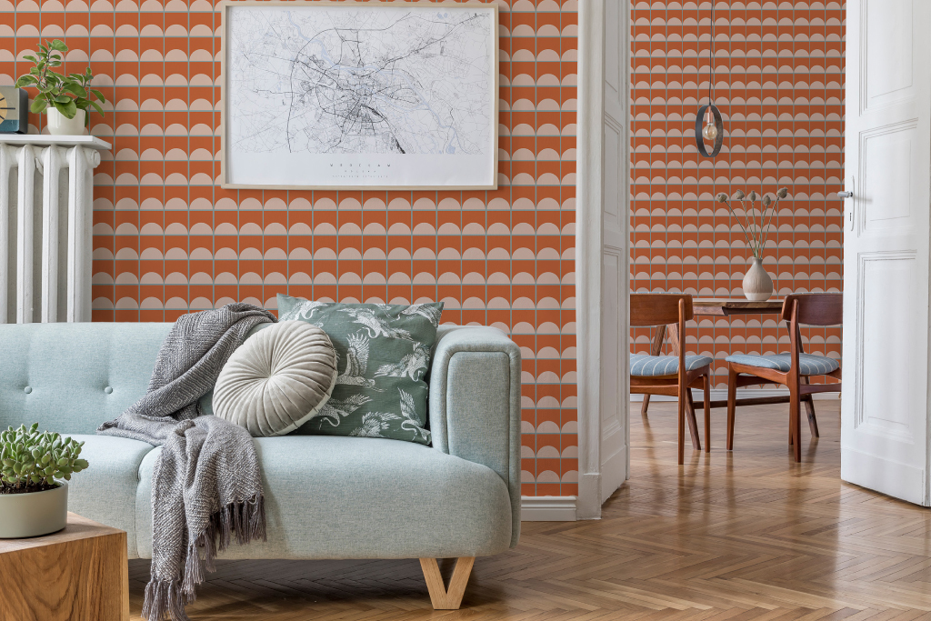 Peel-and-stick terracotta tile blend wallpaper in a contemporary living room setting.