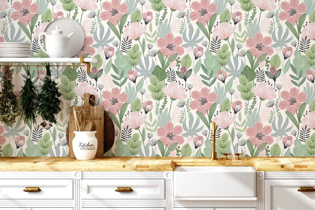 Pink and green peel and stick or unpasted wallpaper for walls by Fancywalls