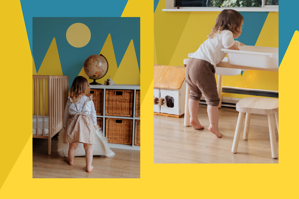 Kids playing in a room decorated with FancyWalls mural for nursery with sunny mountains in bright yellow color