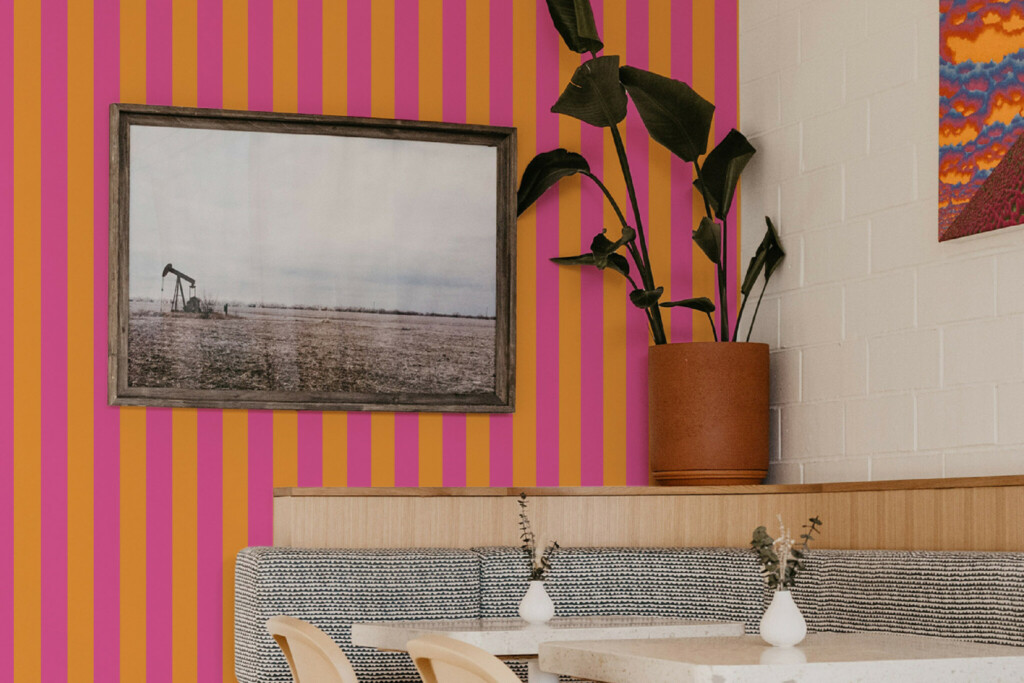 Trending Modern bold and bright orange and pink striped eclectic wallpaper for dopamine decorating