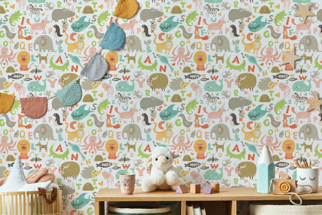 Alphabet themed nursery wallpaper - Letters and animals on Eco-friendly materials