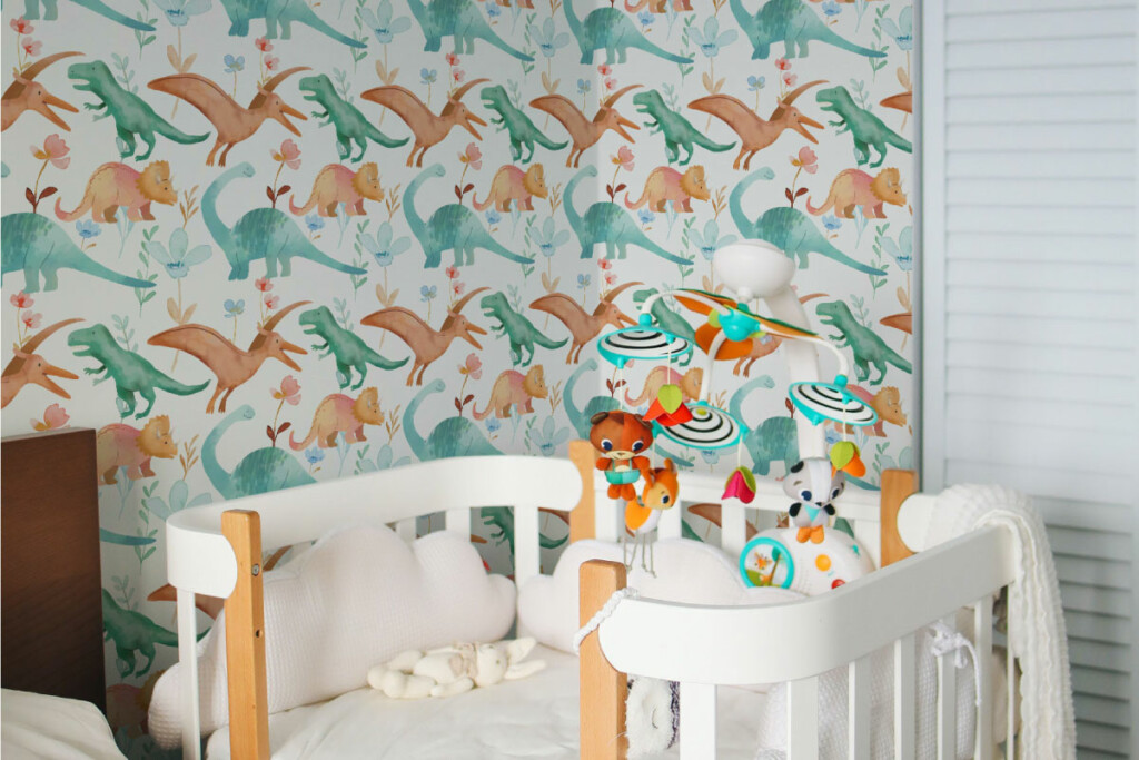 cute colorful watercolor roar dinosaur wallpaper for nursery