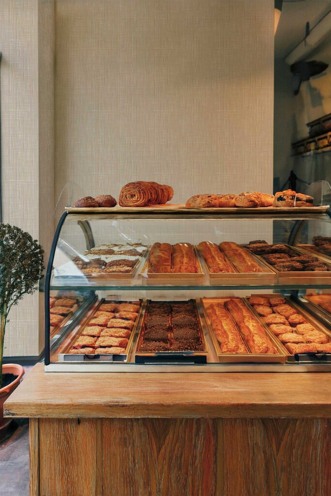 Bakery counter with fresh pastries displayed in front of French Bakery Subtle Lines wallpaper. The warm, grid-style pattern enhances the artisan atmosphere, providing a clean yet cozy backdrop for bakery walls or breakfast nooks.