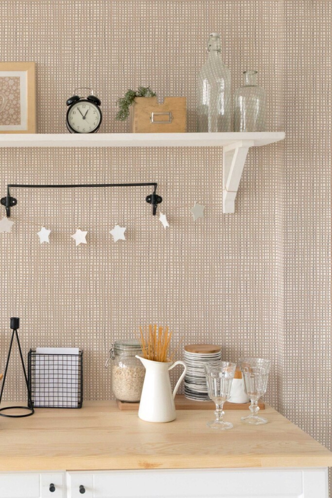 Neutral kitchen interior with shelving and soft décor, styled with French Bakery Subtle Lines wallpaper. The woven plaid background adds subtle structure and charm to the space, making it perfect for cafés, home bakeries, or Scandinavian-inspired interiors.