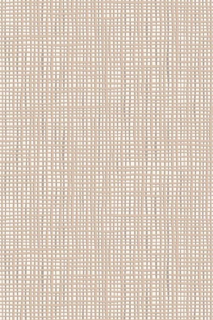 Close-up of French Bakery Subtle Lines wallpaper revealing a neutral plaid texture in beige and light brown. The intersecting lines mimic grasscloth fabric, offering an artisan look perfect for cozy cafés, modern kitchens, or French-inspired bakeries.