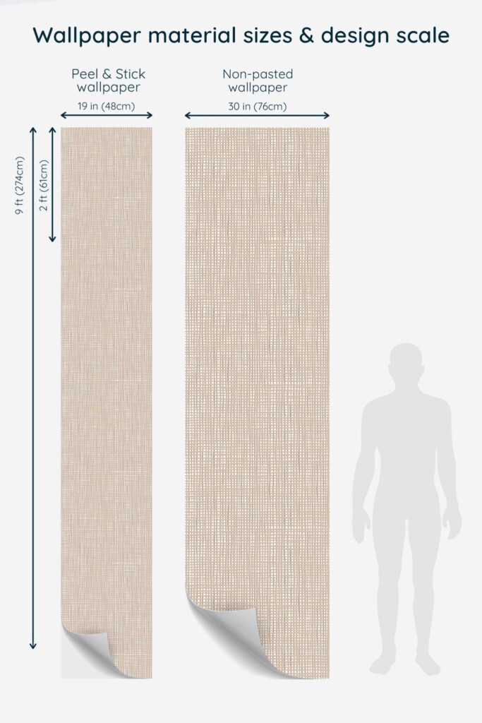 Full wallpaper panel mockup of French Bakery Subtle Lines wallpaper showing the vertical repeat of a soft brown plaid texture. The design features a woven grasscloth-inspired pattern ideal for previewing scale in bakery walls or rustic interiors.