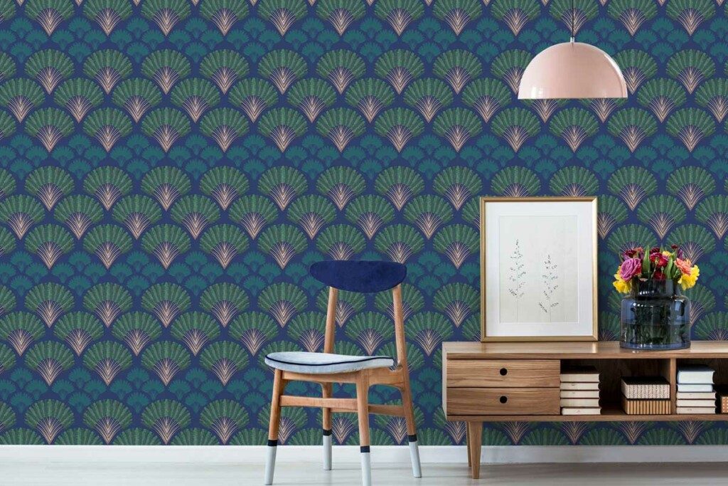 trending blue, green and pink art deco palm fancywalls wallpaper 