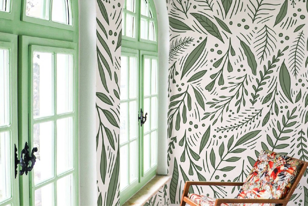 Bold green and white leaf peel and stick wall mural for living room, accent wall and bedroom