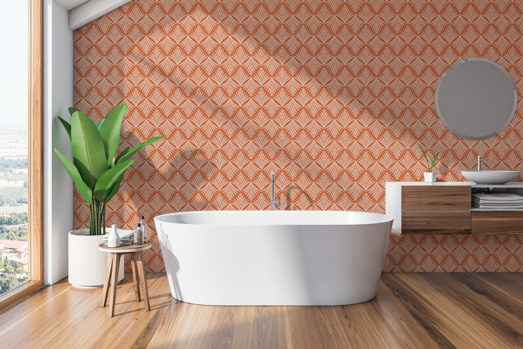 Art Deco terracotta wallpaper showcasing intricate design elements.