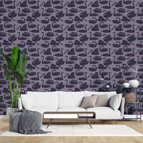 black swan black and purple traditional wallpaper