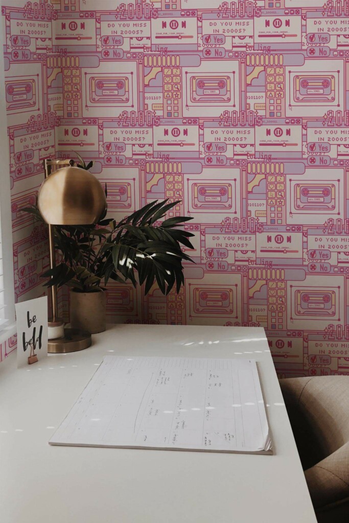 Rustic style home office decorated with 2000s peel and stick wallpaper
