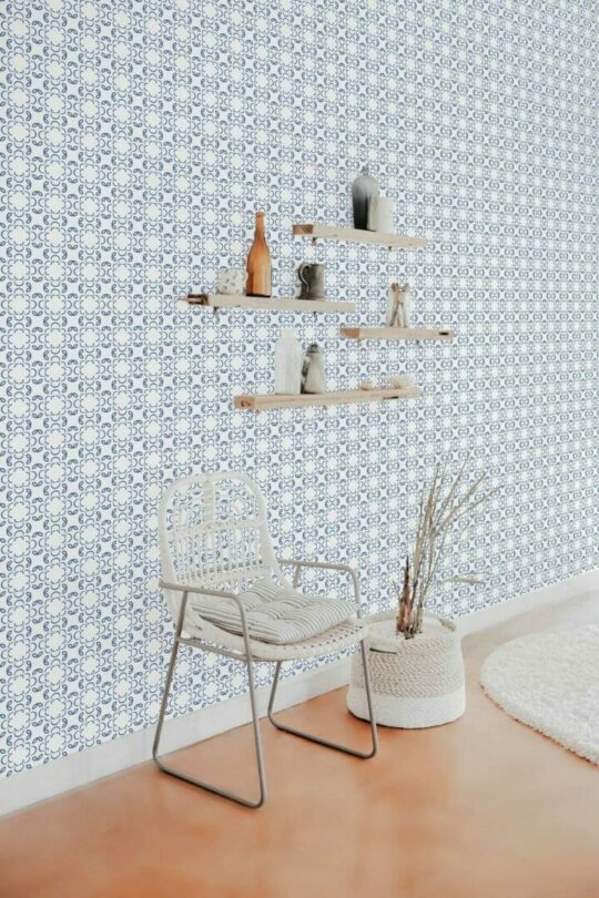 Blue and white geometric floral wallpaper for walls