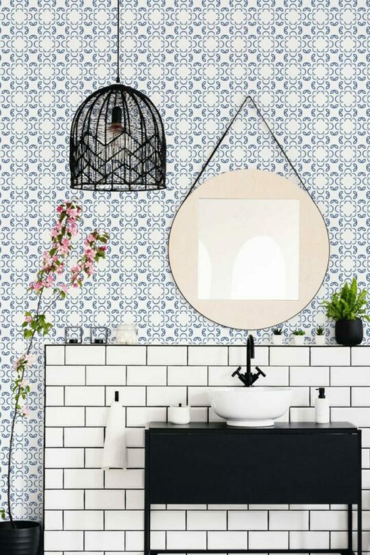 Blue and white geometric floral peel and stick wallpaper