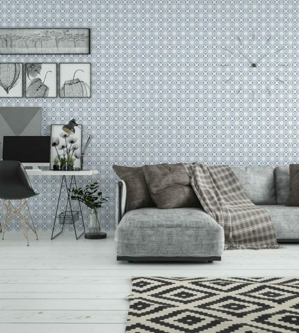 Blue and white geometric floral self adhesive wallpaper