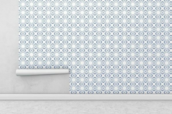 Blue and white geometric floral sticky wallpaper