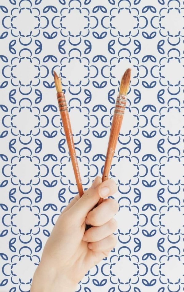 Blue and white geometric floral peel stick wallpaper