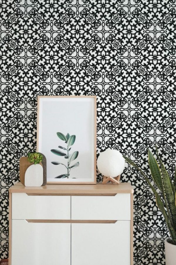 Black and white eclectic peel and stick wallpaper