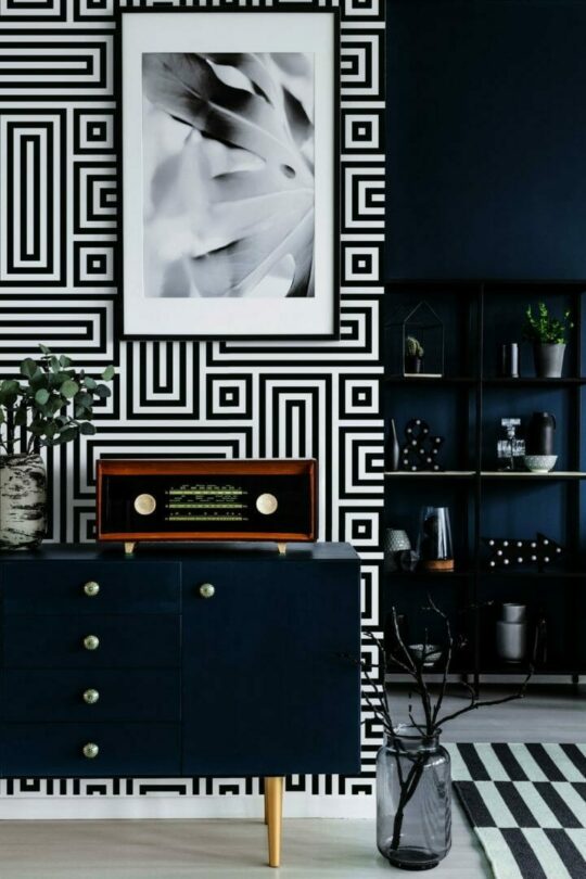 Black and white retro geometric peel and stick removable wallpaper