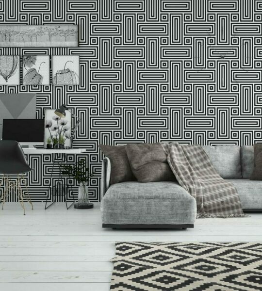 Black and white retro geometric stick on wallpaper