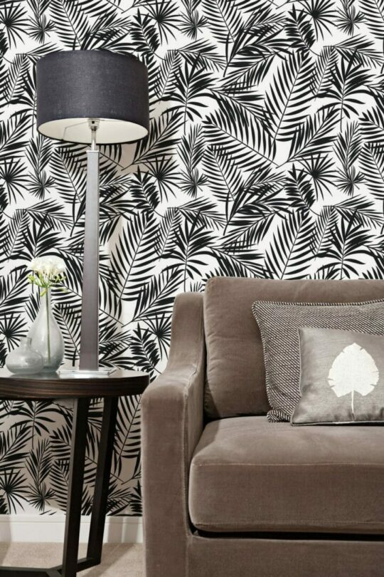 Black and white tropical leaf peel and stick wallpaper