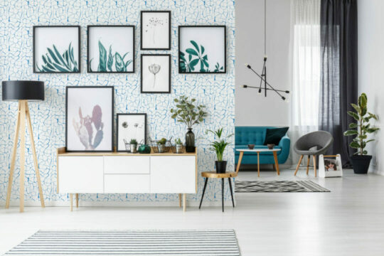 Blue and white abstract peel and stick removable wallpaper