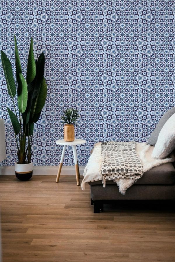 Blue oriental tile peel and stick wallpaper