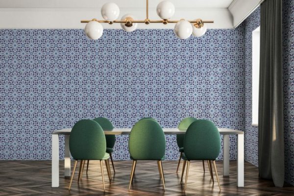 Blue oriental tile unpasted traditional wallpaper