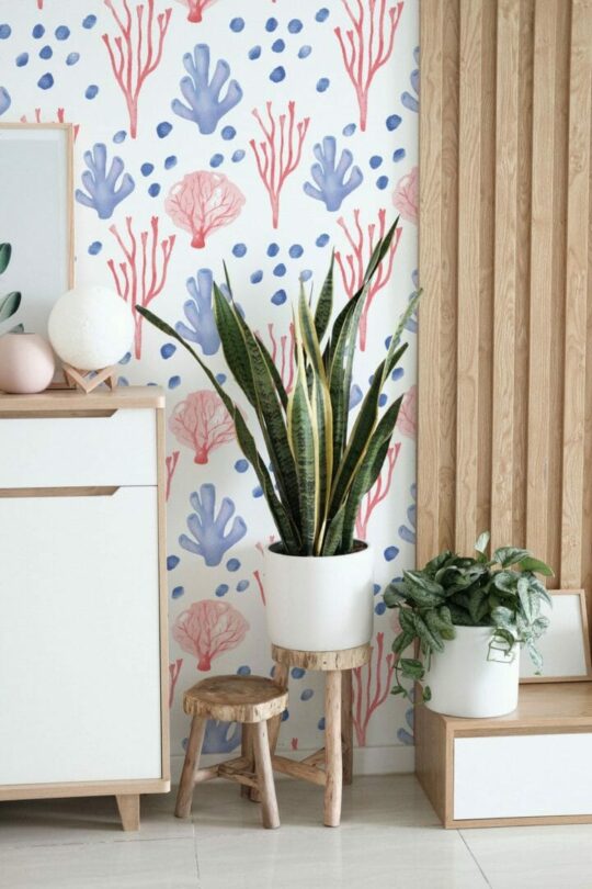 Pink and blue coral peel stick wallpaper