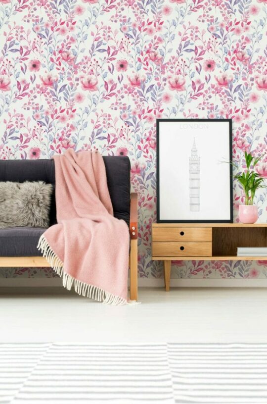 Pink watercolor floral self adhesive wallpaper