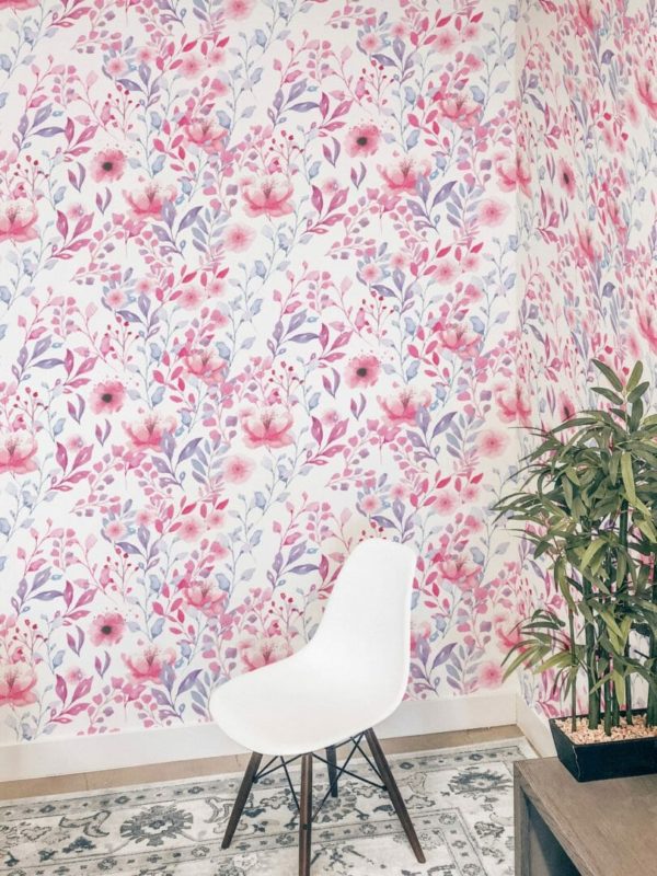 Pink watercolor floral peel and stick wallpaper