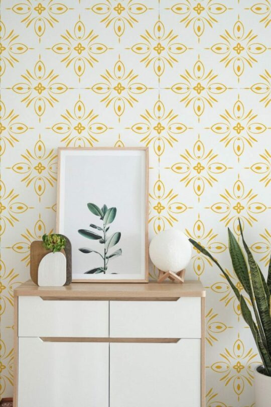 Yellow geometric floral wallpaper for walls