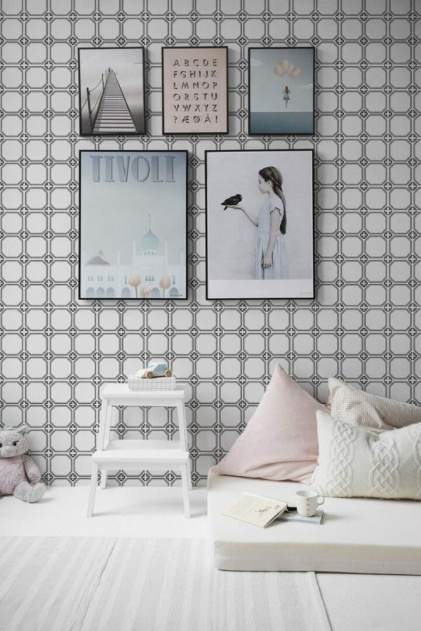 Black and white faux tile peel and stick removable wallpaper
