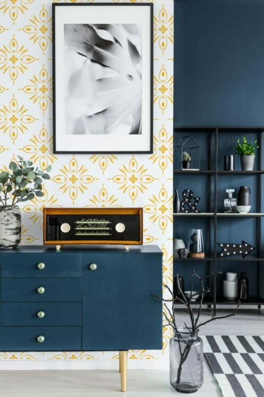 Yellow geometric floral peel and stick removable wallpaper