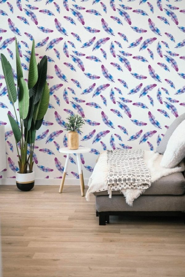 Blue and purple feather self adhesive wallpaper