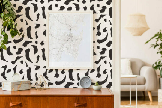 Black and white brush stroke peel and stick wallpaper