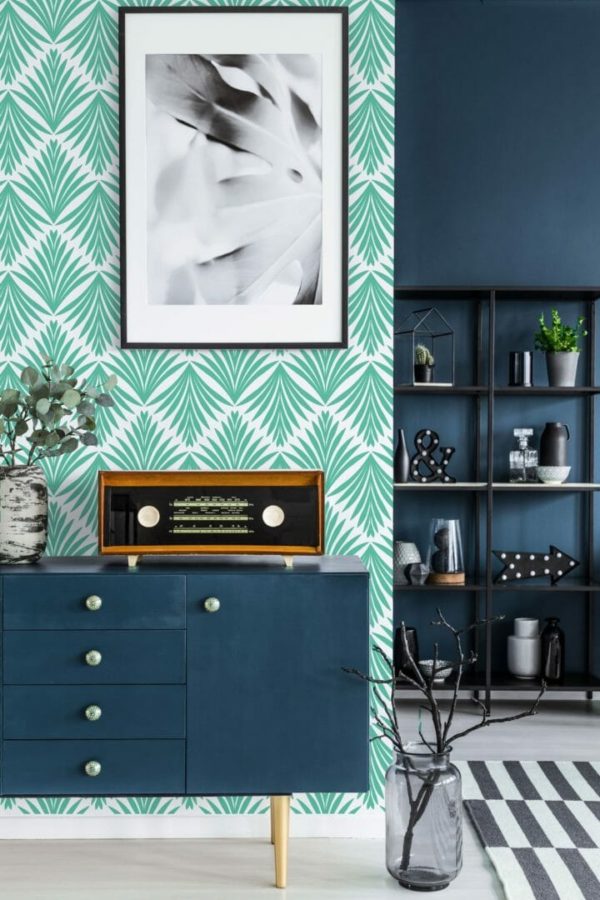 Turquoise geometric leaf peel and stick wallpaper