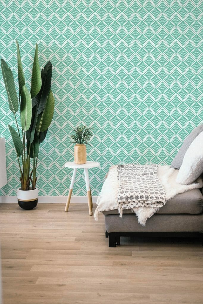 Turquoise geometric leaf wallpaper - Peel and Stick or Non-Pasted