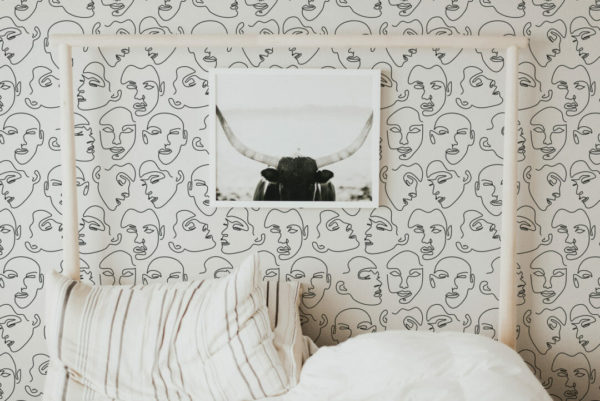 Face line drawing peel and stick removable wallpaper