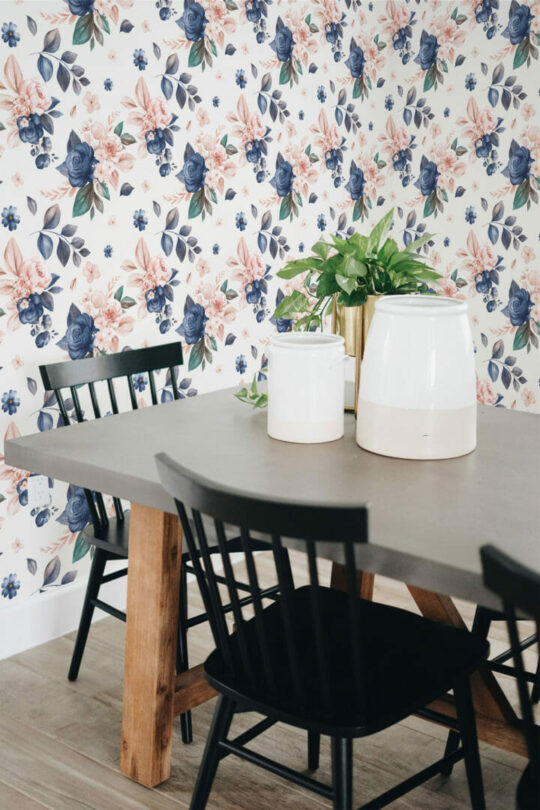 Pink and dark blue floral sticky wallpaper