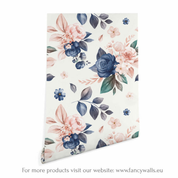 Pink and dark blue floral wallpaper peel and stick