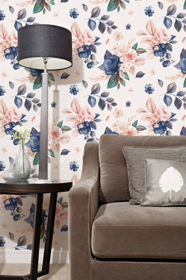 Pink and dark blue floral wallpaper for walls