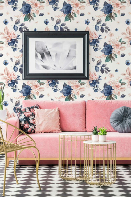 Pink and dark blue floral peel and stick wallpaper