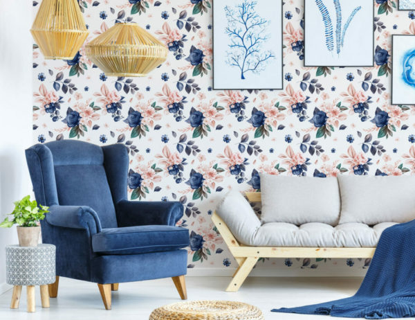 Pink and dark blue floral stick on wallpaper