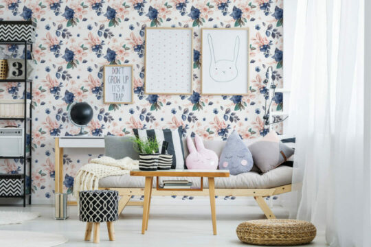 Pink and dark blue floral temporary wallpaper