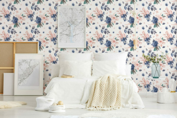 Pink and dark blue floral peel and stick removable wallpaper