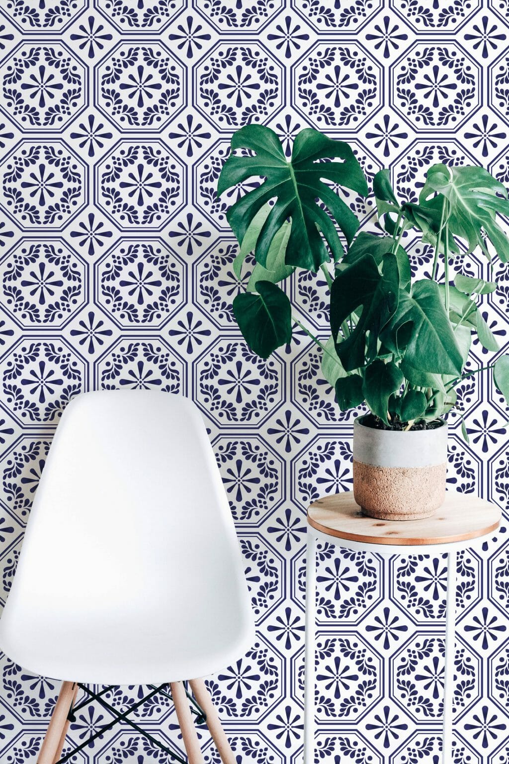 Blue and white tile pattern peel and stick wallpaper | Fancy Walls